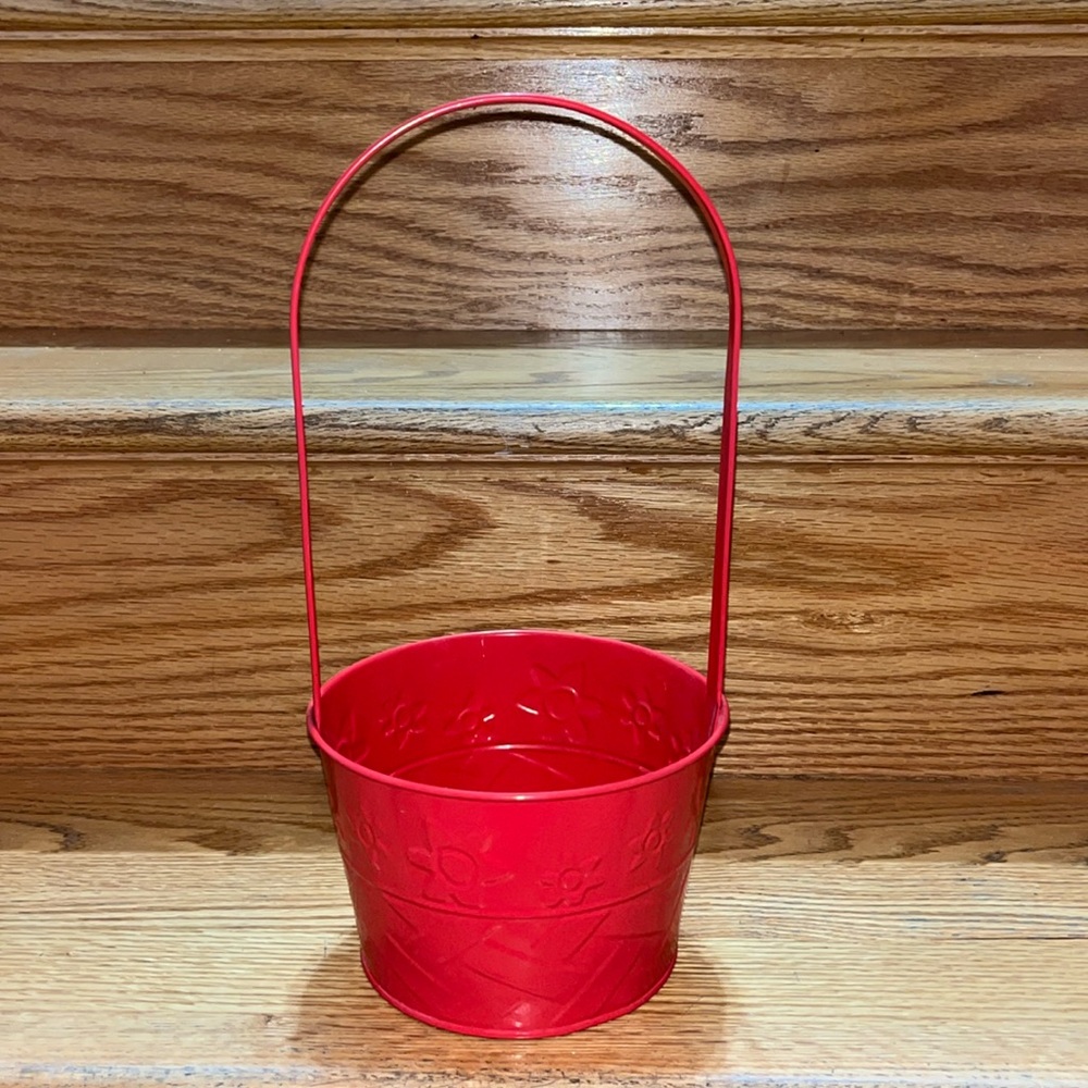 Red Metal basket flowers candy crafts pretzels desserts festive holidays party